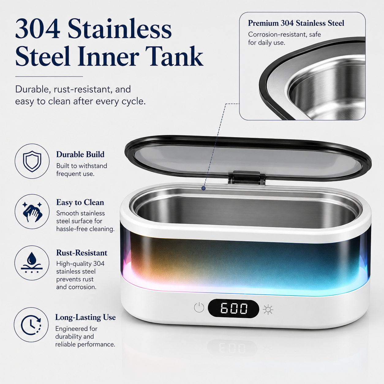Ultrasonic Jewelry Cleaner with Colorful LED Light & Digital Countdown Display