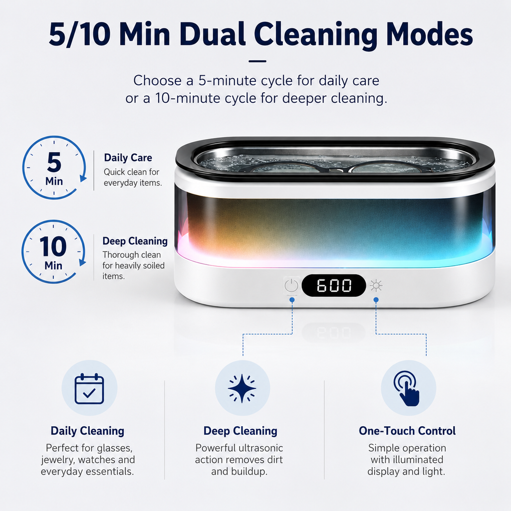 Ultrasonic Jewelry Cleaner with Colorful LED Light & Digital Countdown Display