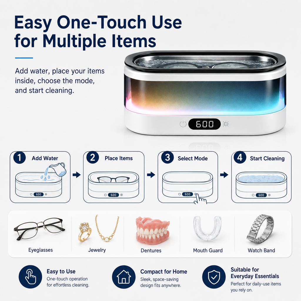 Ultrasonic Jewelry Cleaner with Colorful LED Light & Digital Countdown Display