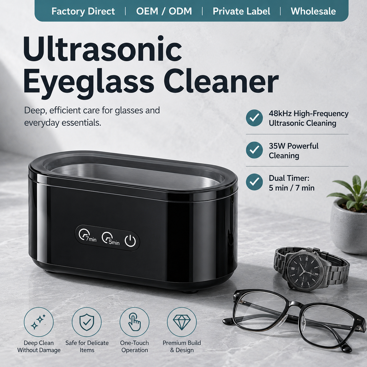 48kHz Ultrasonic Cleaner Machine for Eyeglasses, Jewelry, Watches & Small Essentials