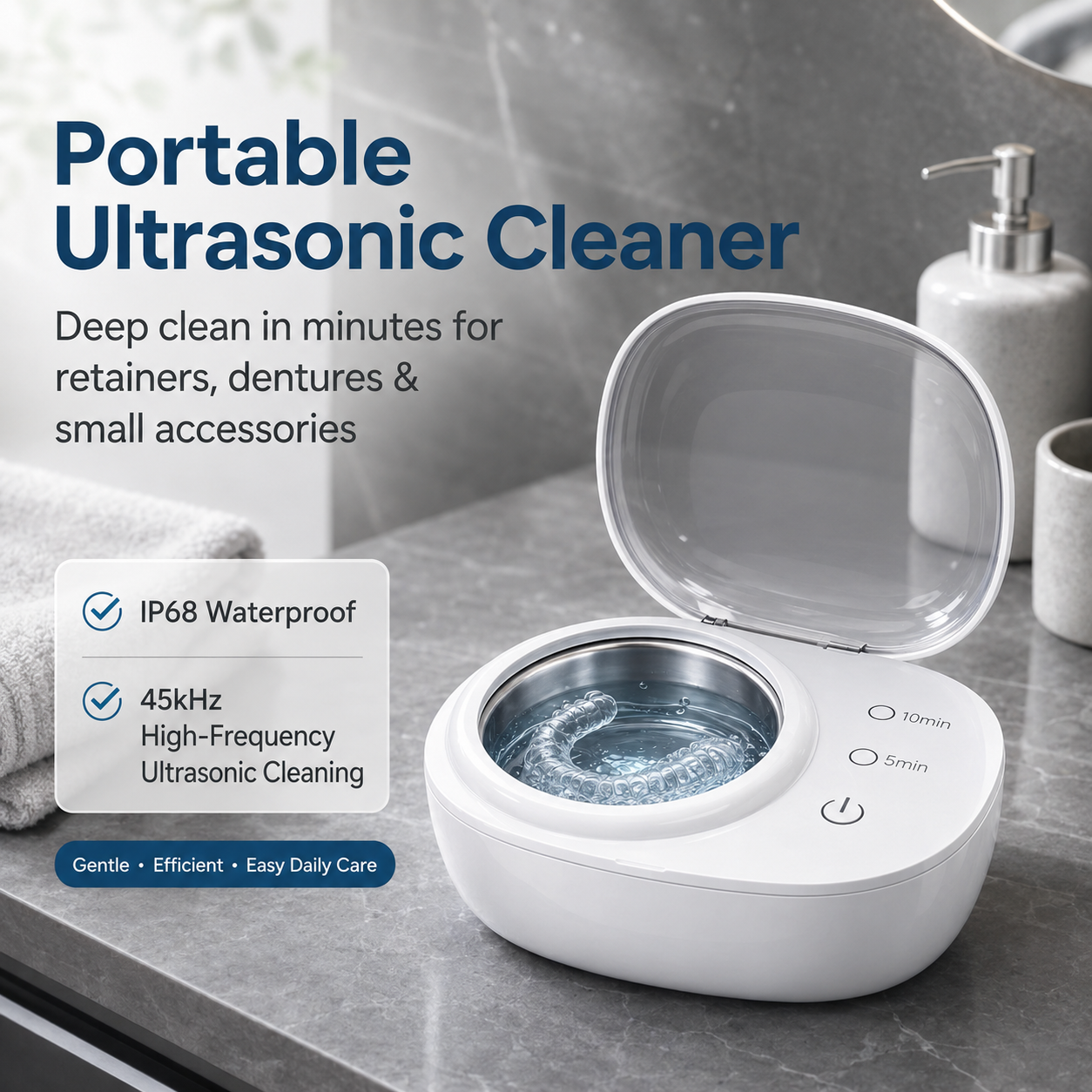 Portable Ultrasonic Retainer Cleaner for Dentures, Mouth Guards & Jewelry