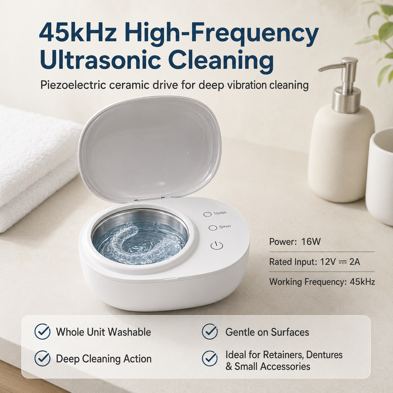 Portable Ultrasonic Retainer Cleaner for Dentures, Mouth Guards & Jewelry