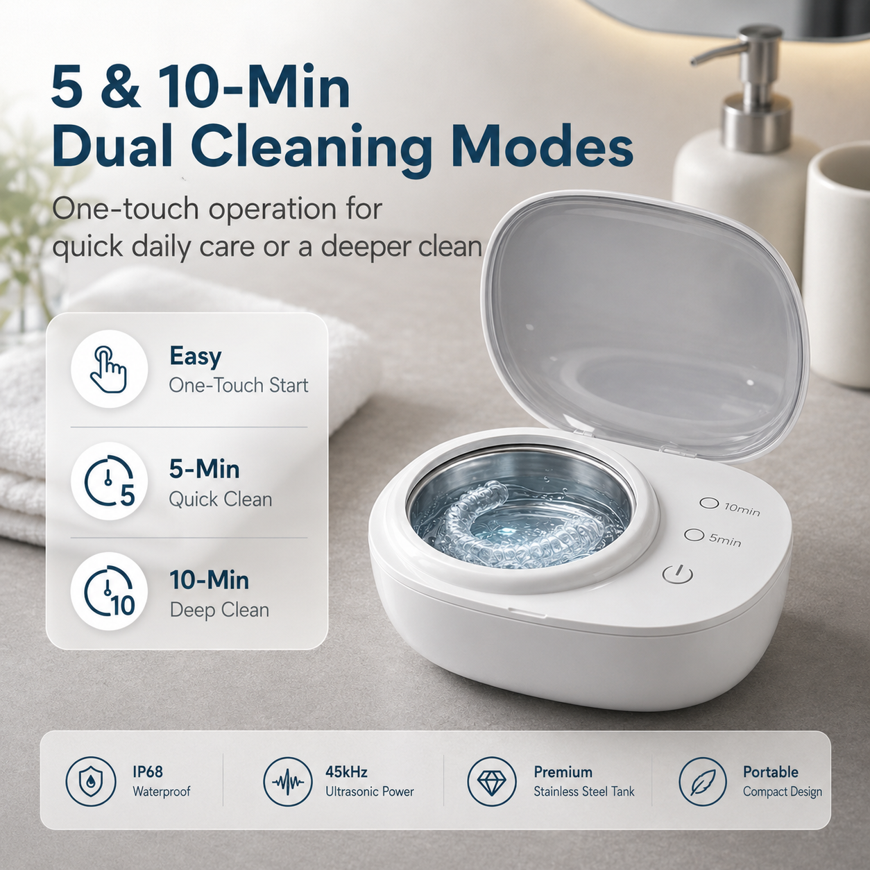 Portable Ultrasonic Retainer Cleaner for Dentures, Mouth Guards & Jewelry